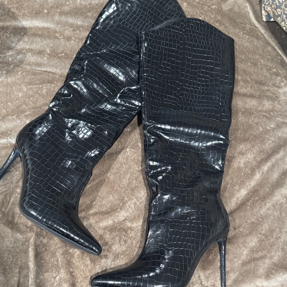 Black Croc-Embossed Knee-High Boots